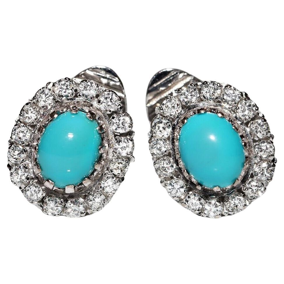 Vintage Circa 1980s 14k Gold Natural Diamond And Turquoise Decorated Earring For Sale