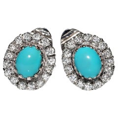 Vintage Circa 1980s 14k Gold Natural Diamond And Turquoise Decorated Earring