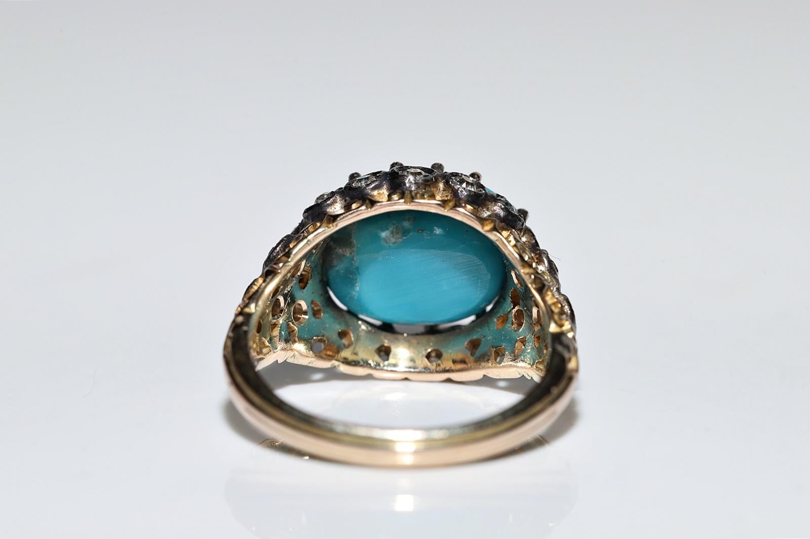 Vintage Circa 1980s 14k Gold Natural Diamond And Turquoise Decorated Ring  For Sale 5