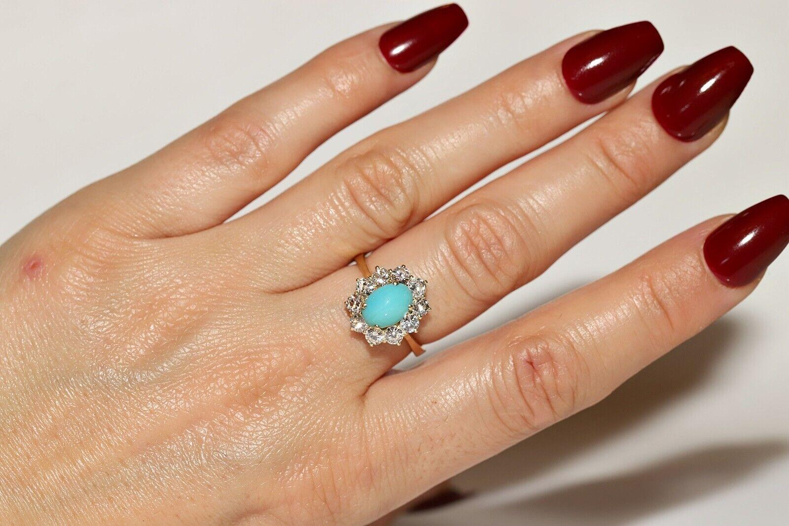 Vintage Circa 1980s 14k Gold Natural Diamond And Turquoise Decorated Ring For Sale 5