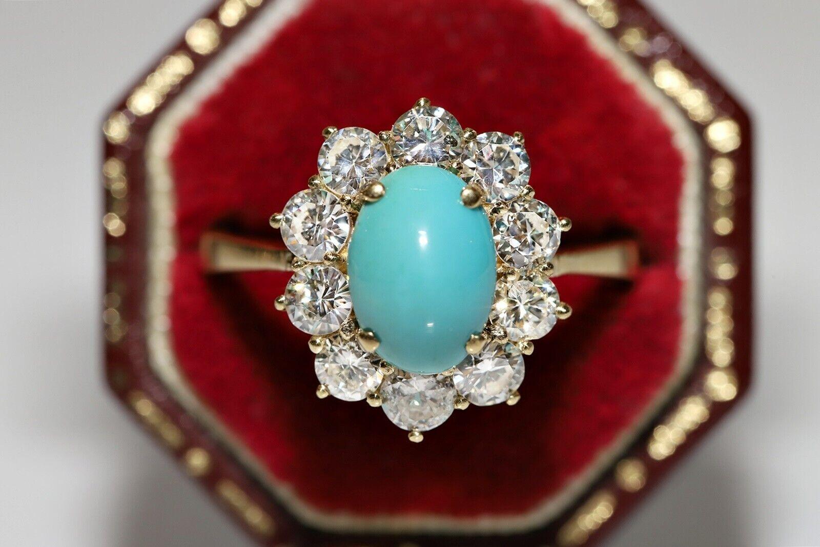 Vintage Circa 1980s 14k Gold Natural Diamond And Turquoise Decorated Ring For Sale 6