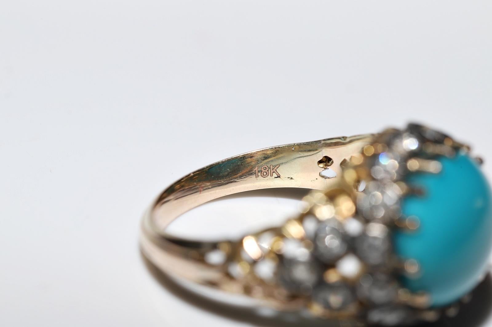 Vintage Circa 1980s 14k Gold Natural Diamond And Turquoise Decorated Ring  For Sale 7