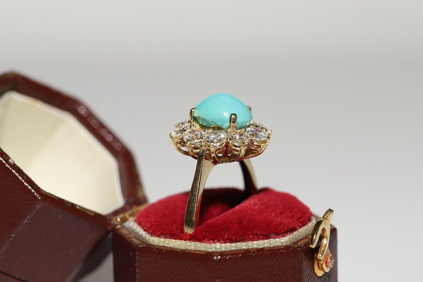 Vintage Circa 1980s 14k Gold Natural Diamond And Turquoise Decorated Ring For Sale 7