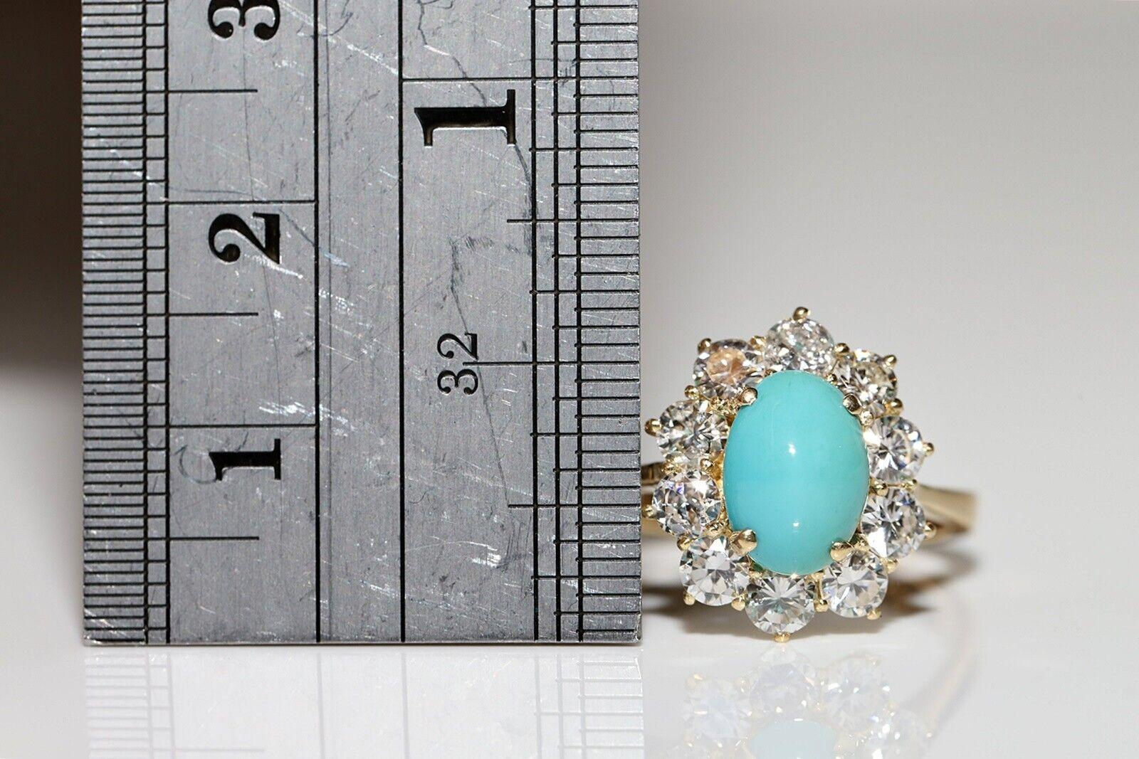 Retro Vintage Circa 1980s 14k Gold Natural Diamond And Turquoise Decorated Ring For Sale