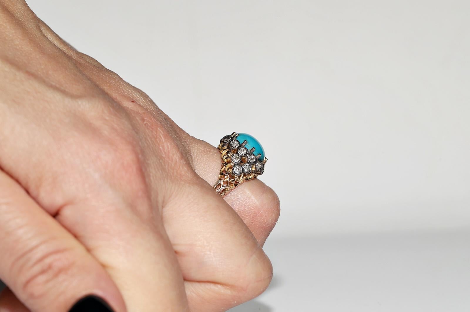 Brilliant Cut Vintage Circa 1980s 14k Gold Natural Diamond And Turquoise Decorated Ring  For Sale