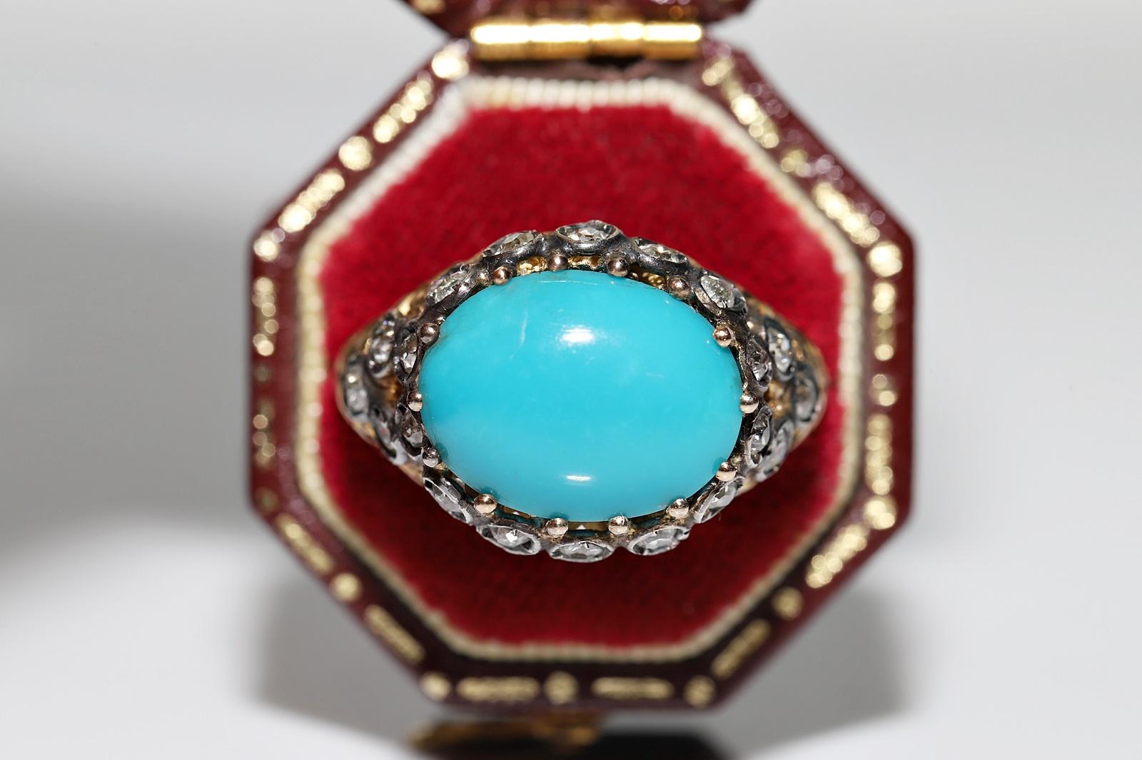 Vintage Circa 1980s 14k Gold Natural Diamond And Turquoise Decorated Ring  In Good Condition For Sale In Fatih/İstanbul, 34