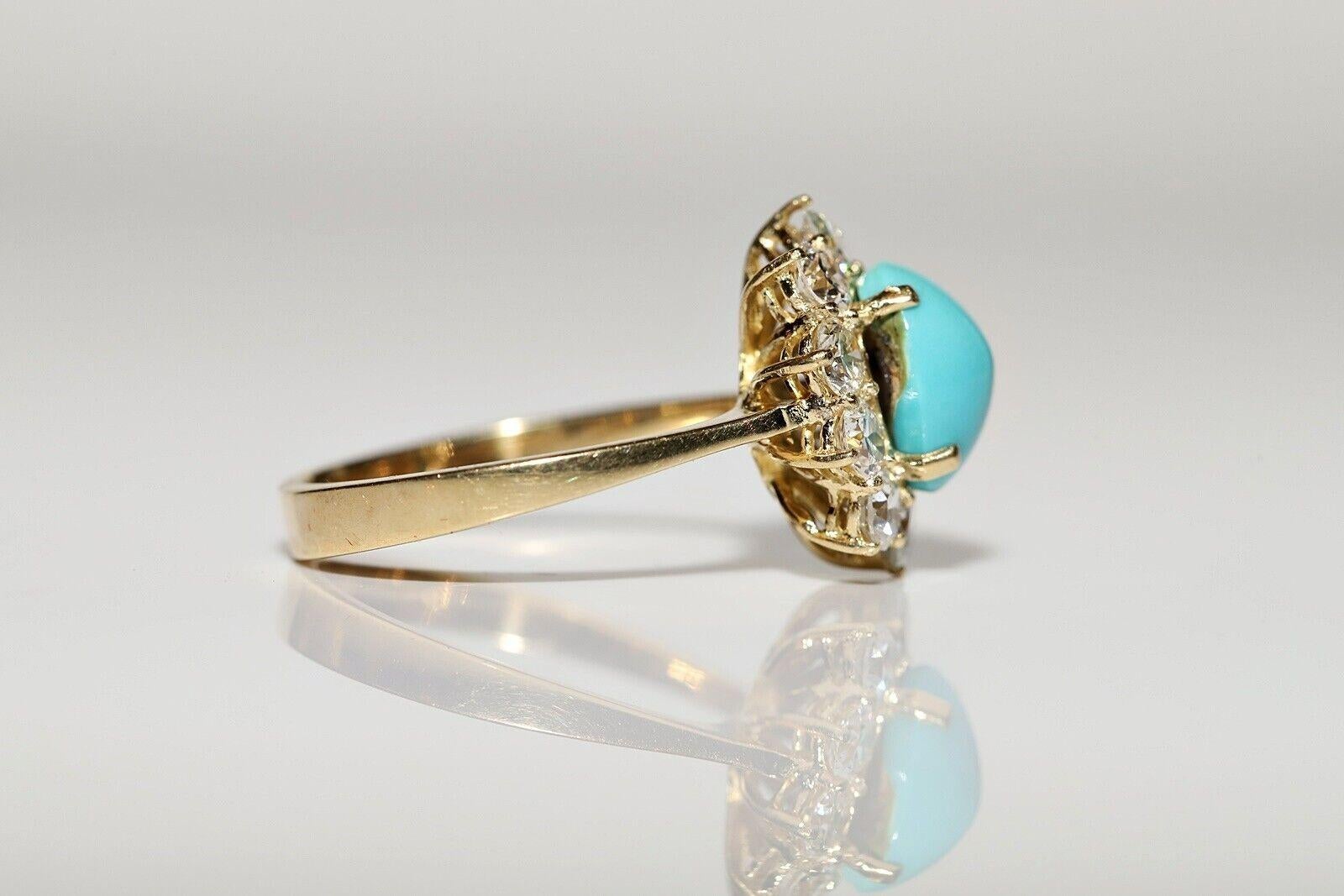 Vintage Circa 1980s 14k Gold Natural Diamond And Turquoise Decorated Ring In Good Condition For Sale In Fatih/İstanbul, 34