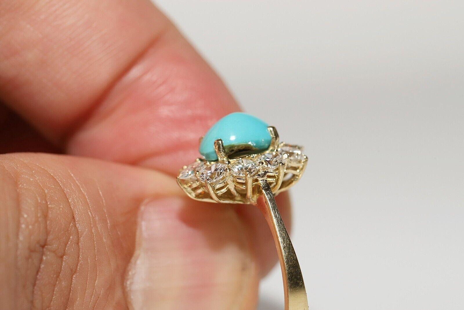 Women's Vintage Circa 1980s 14k Gold Natural Diamond And Turquoise Decorated Ring For Sale
