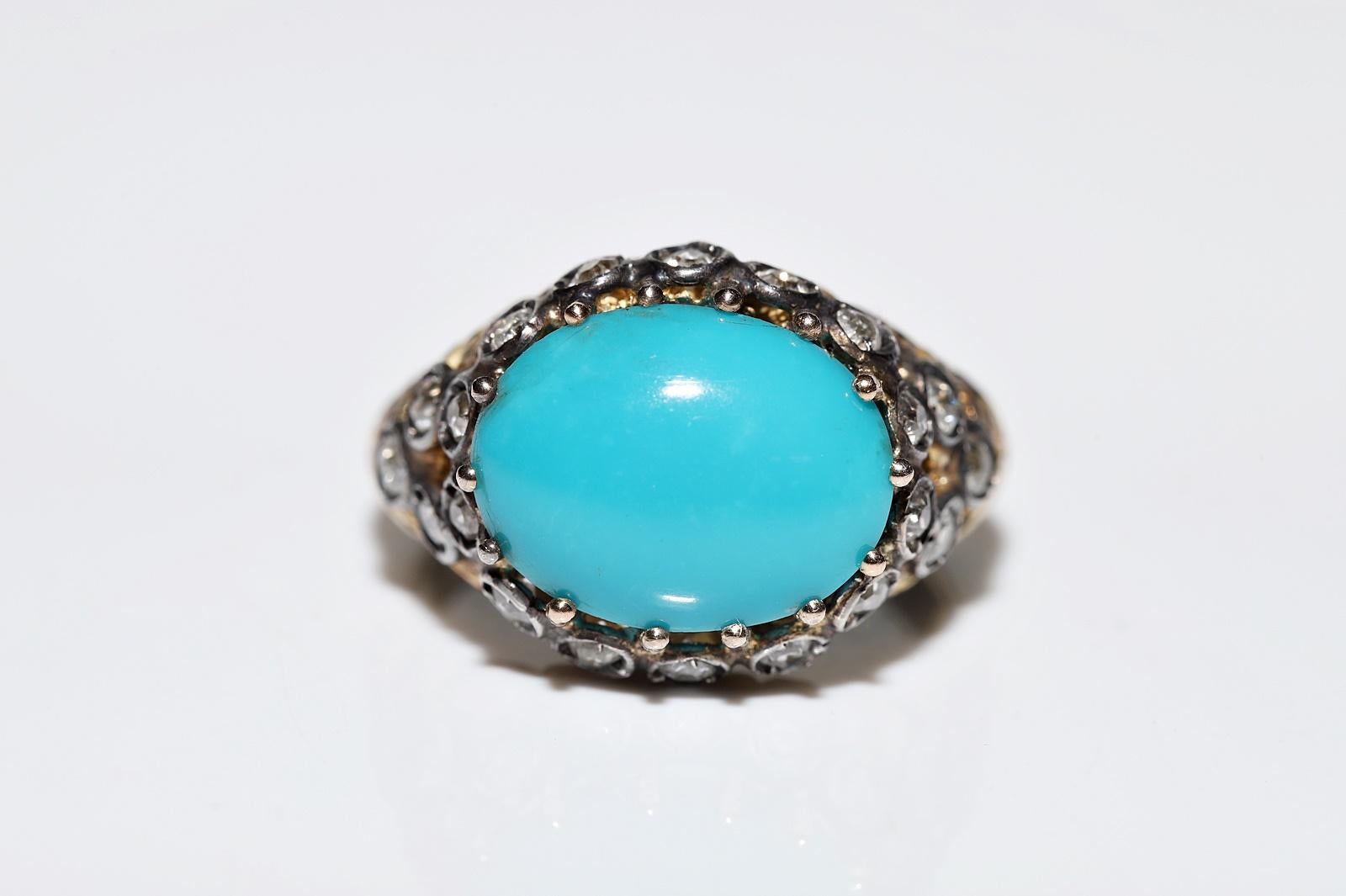 Vintage Circa 1980s 14k Gold Natural Diamond And Turquoise Decorated Ring  For Sale 1