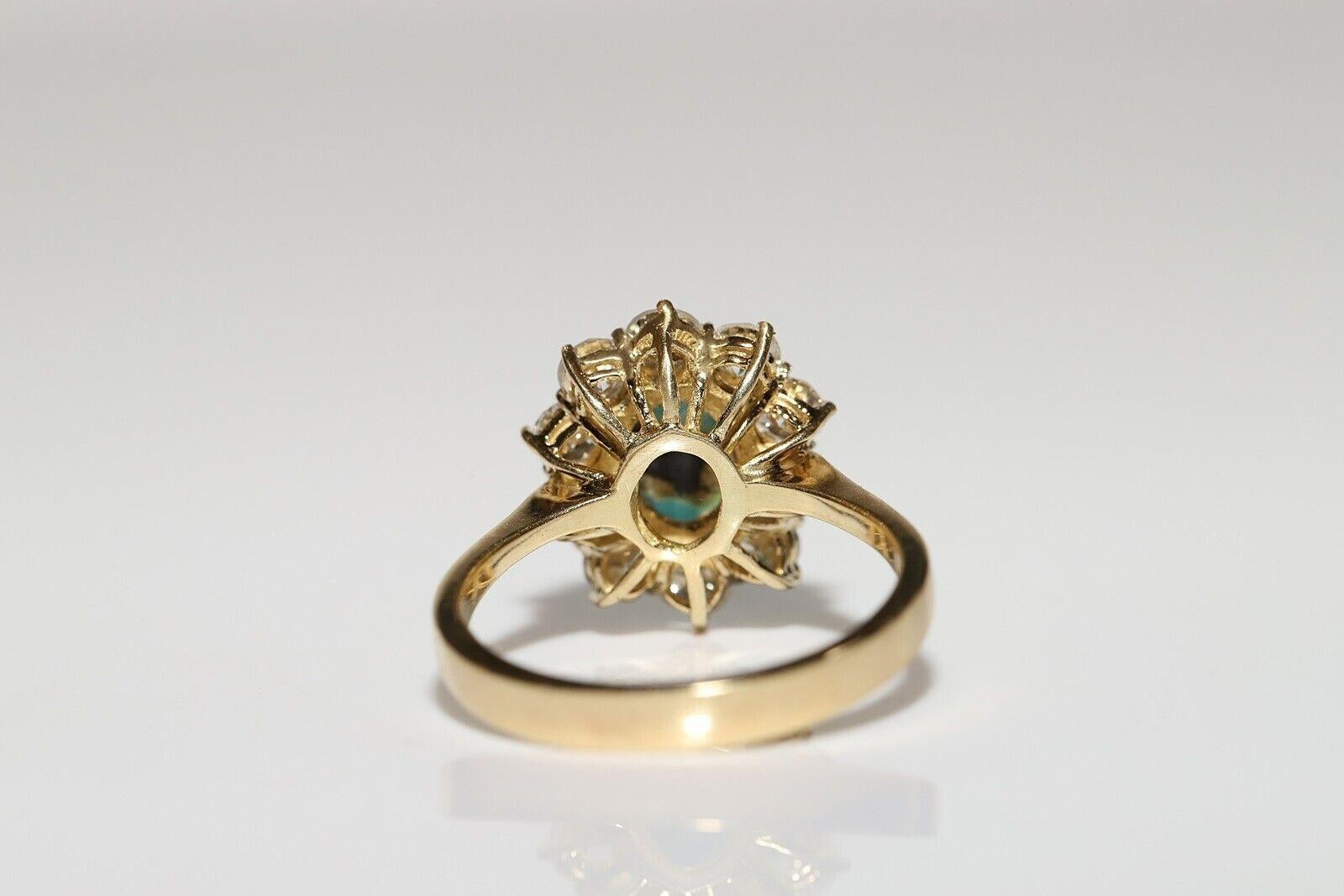Vintage Circa 1980s 14k Gold Natural Diamond And Turquoise Decorated Ring For Sale 1