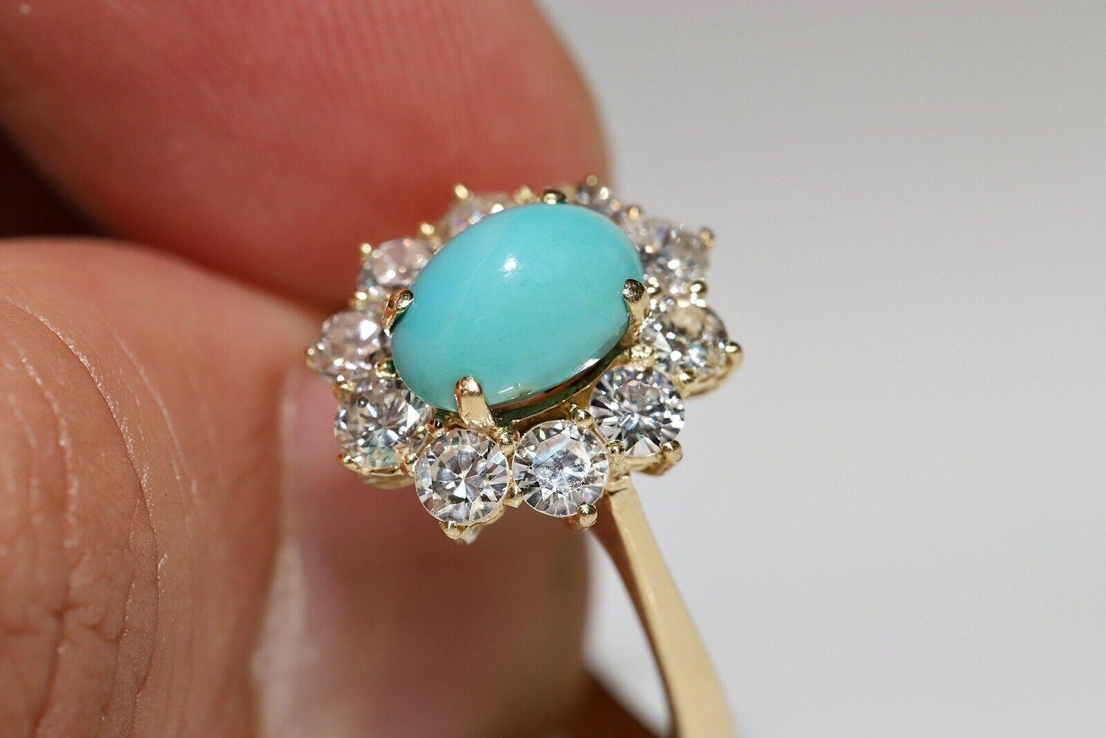 Vintage Circa 1980s 14k Gold Natural Diamond And Turquoise Decorated Ring For Sale 3