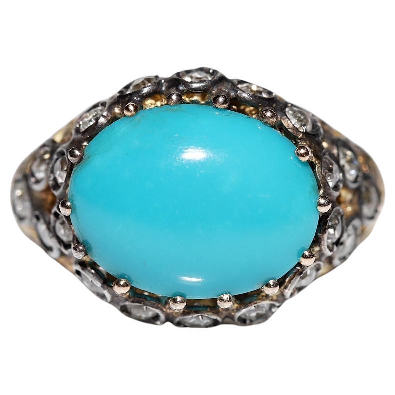 Vintage Circa 1980s 14k Gold Natural Diamond And Turquoise Decorated Ring  For Sale