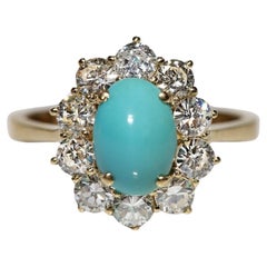 Retro Circa 1980s 14k Gold Natural Diamond And Turquoise Decorated Ring