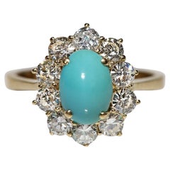 Bague vintage des années 1980 en or 14 carats décorée de diamants naturels et de turquoises