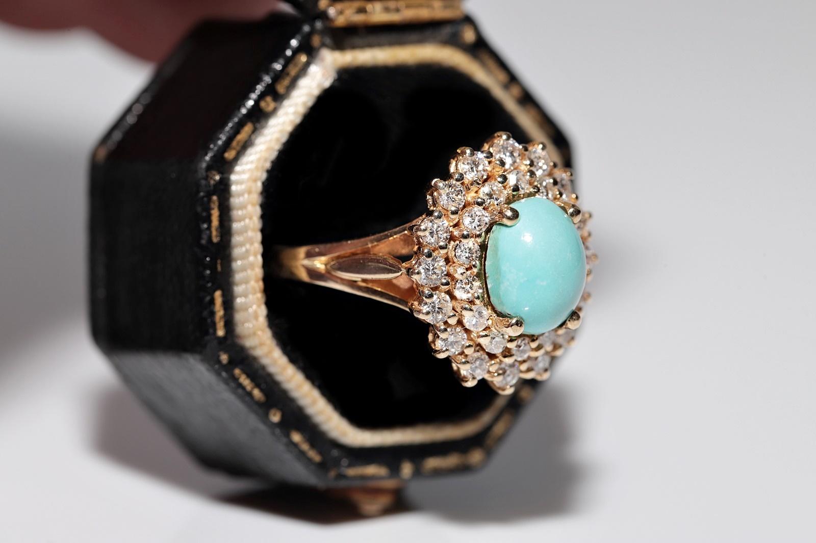 Vintage Circa 1980s 14k Gold Natural Diamond And Turquoise Ring For Sale 7