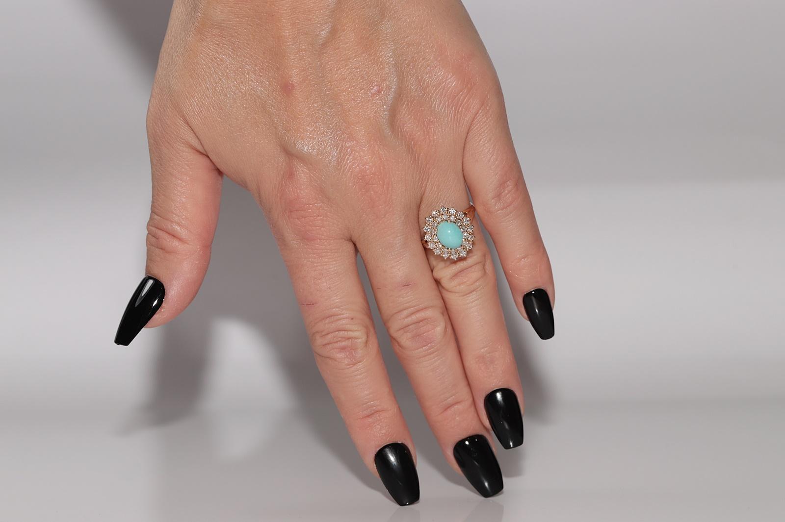 Vintage Circa 1980s 14k Gold Natural Diamond And Turquoise Ring For Sale 8