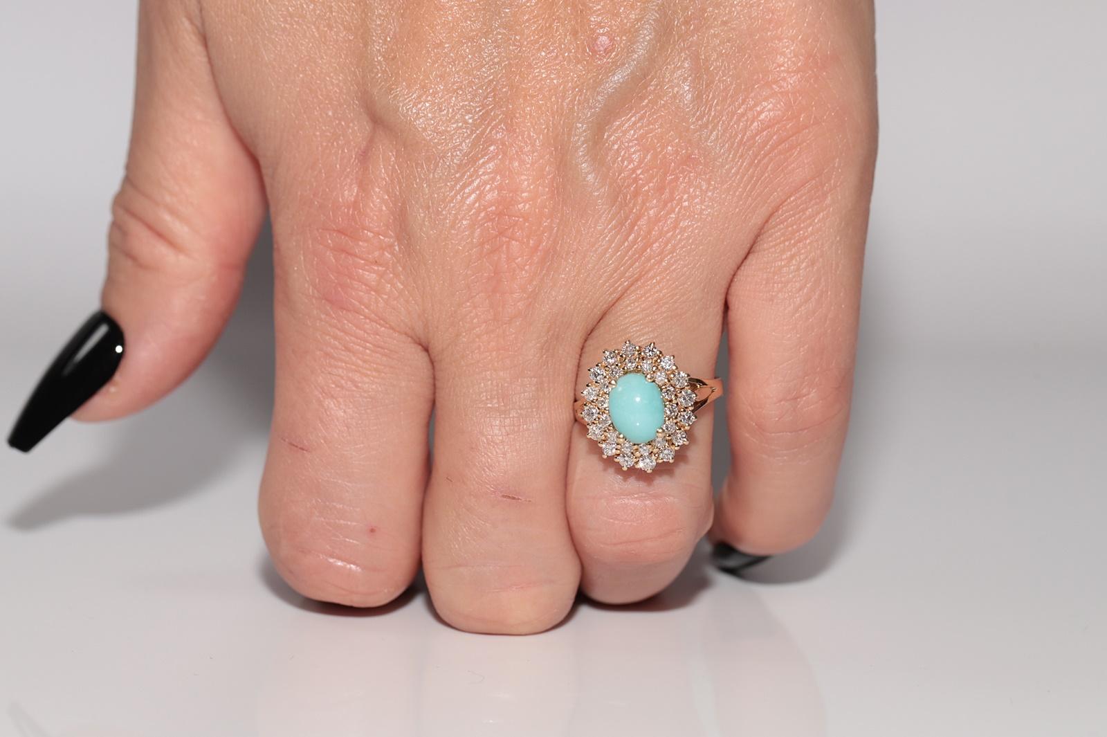 Vintage Circa 1980s 14k Gold Natural Diamond And Turquoise Ring For Sale 9