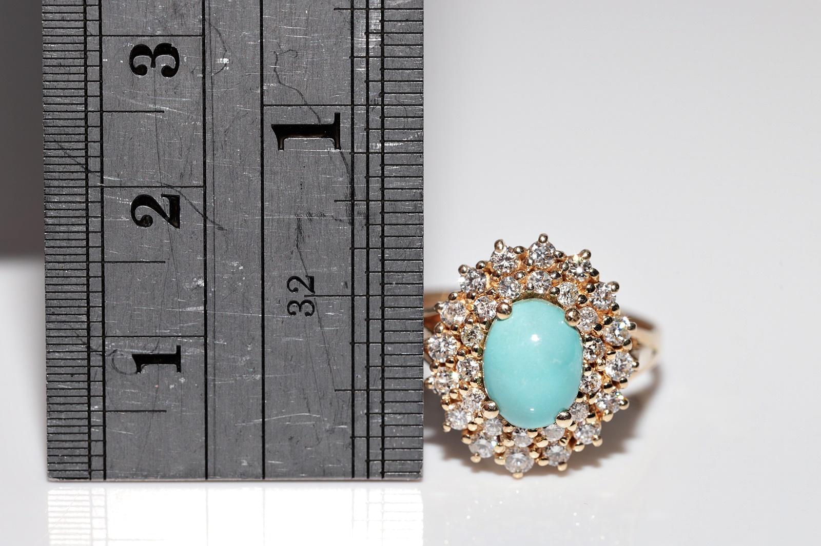 Retro Vintage Circa 1980s 14k Gold Natural Diamond And Turquoise Ring For Sale