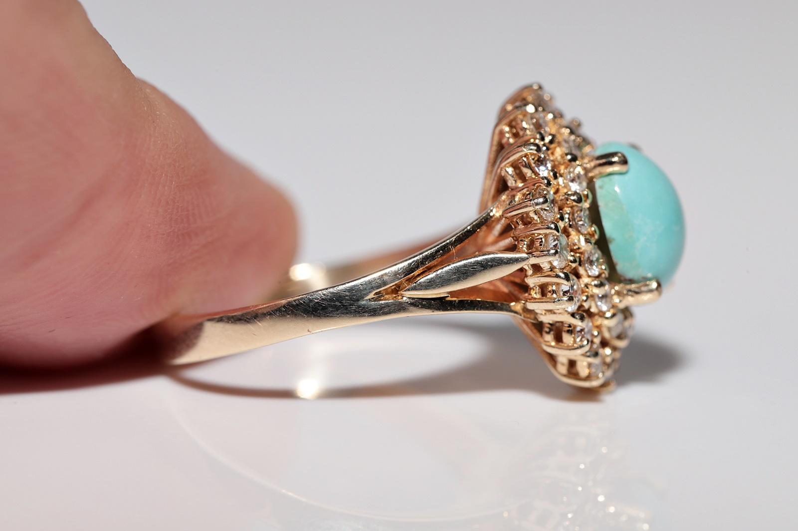 Vintage Circa 1980s 14k Gold Natural Diamond And Turquoise Ring In Good Condition For Sale In Fatih/İstanbul, 34