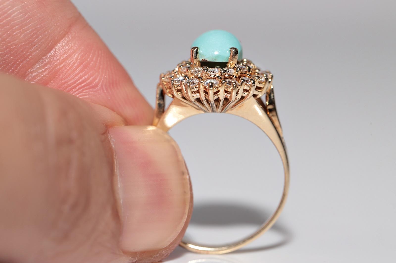 Women's Vintage Circa 1980s 14k Gold Natural Diamond And Turquoise Ring For Sale