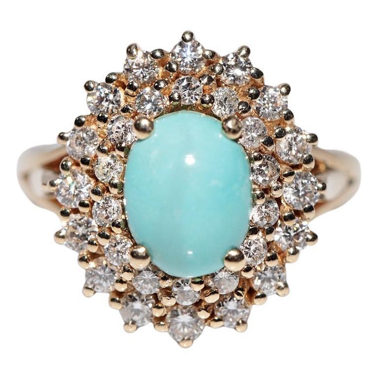 Bague vintage des années 1980 en or 14 carats avec diamant naturel et turquoise