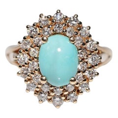 Bague vintage des années 1980 en or 14 carats avec diamant naturel et turquoise