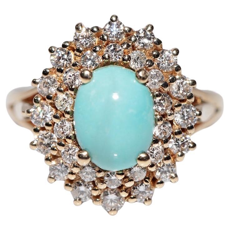 Bague vintage des années 1980 en or 14 carats avec diamant naturel et turquoise