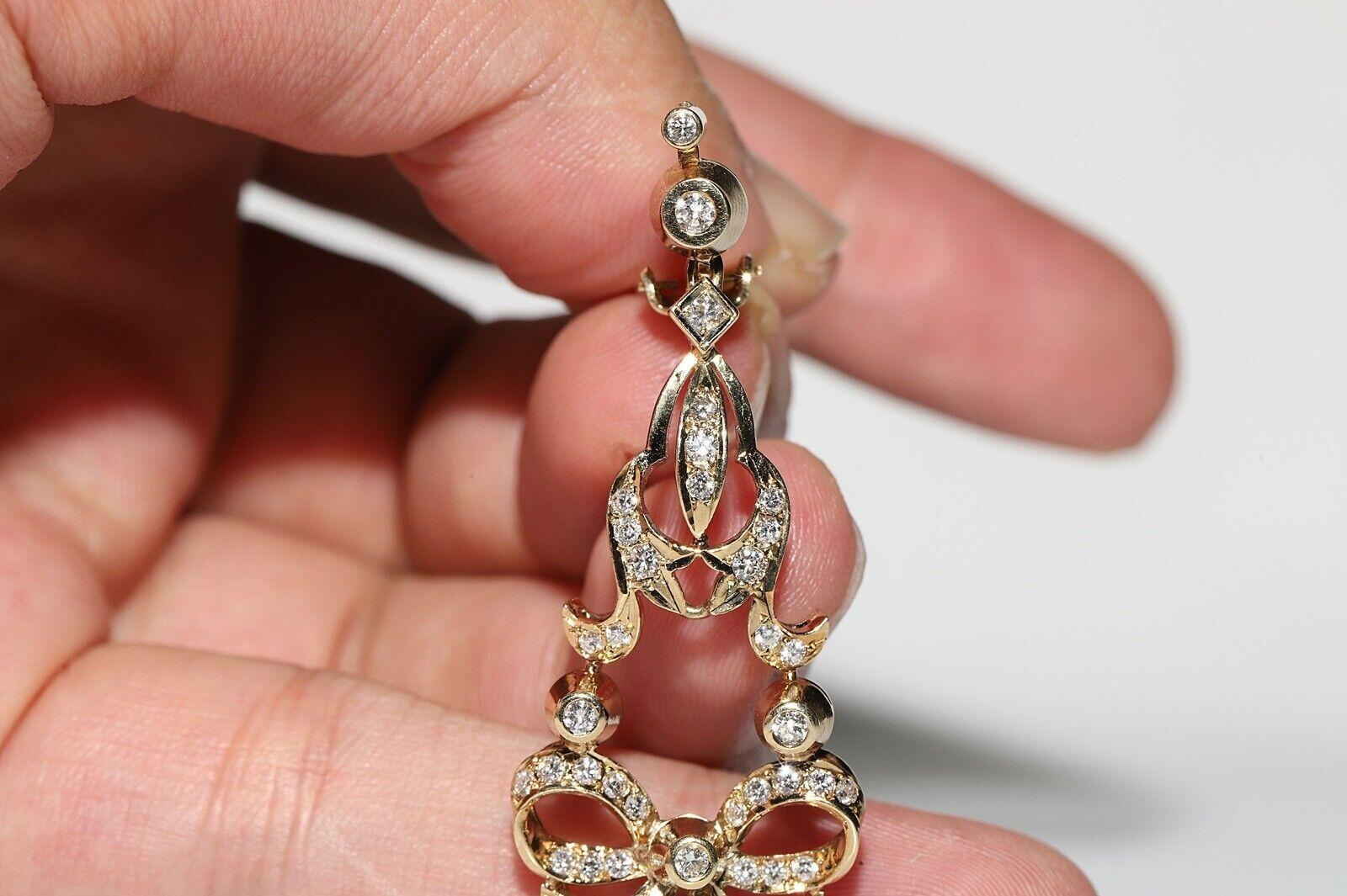 Brilliant Cut Vintage Circa 1980s 14k Gold Natural Diamond Decorated Drop Earring  For Sale
