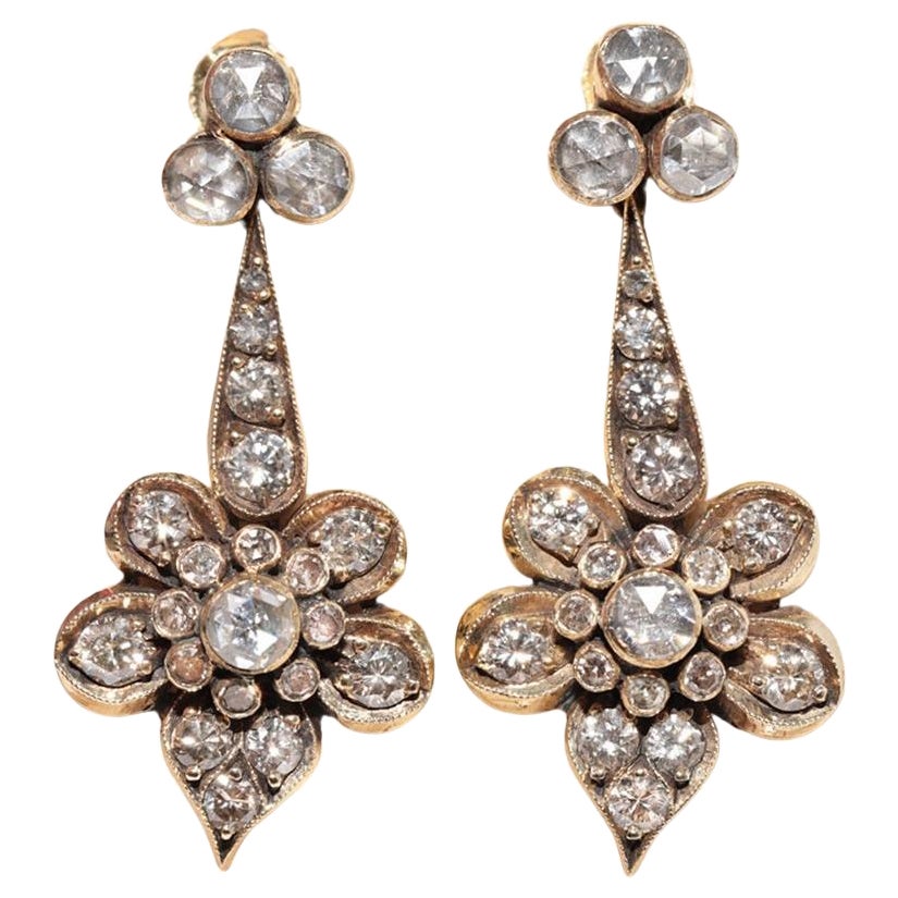 Vintage Circa 1980er Jahre 14k Gold Natürlicher Diamant Dekorierter Tropfenohrring
