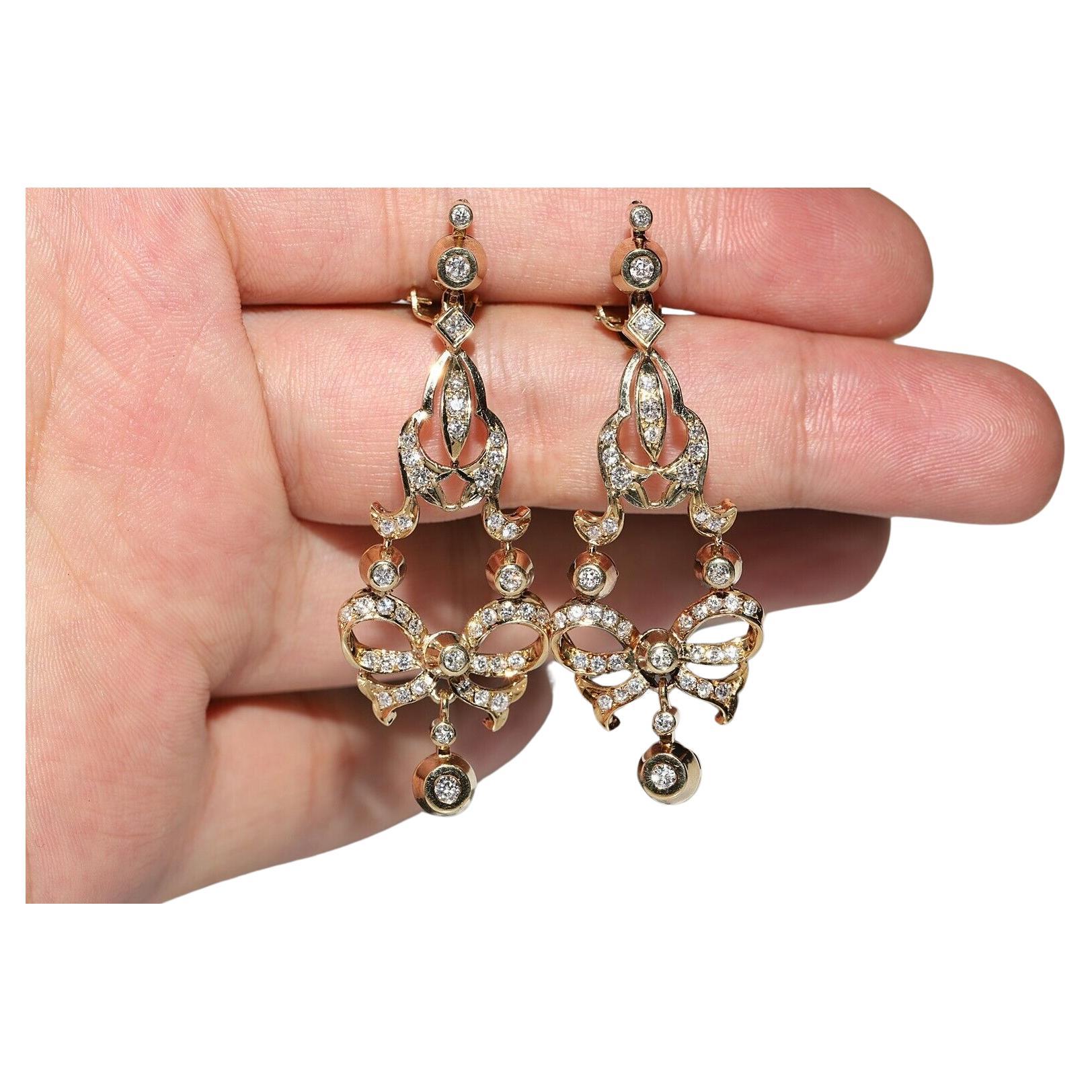 Vintage Circa 1980s 14k Gold Natural Diamond Decorated Drop Earring  For Sale