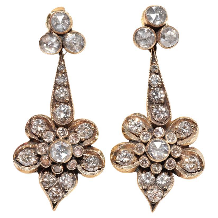 Orecchino a goccia in oro 14k con diamanti naturali decorati, vintage, anni '80 circa