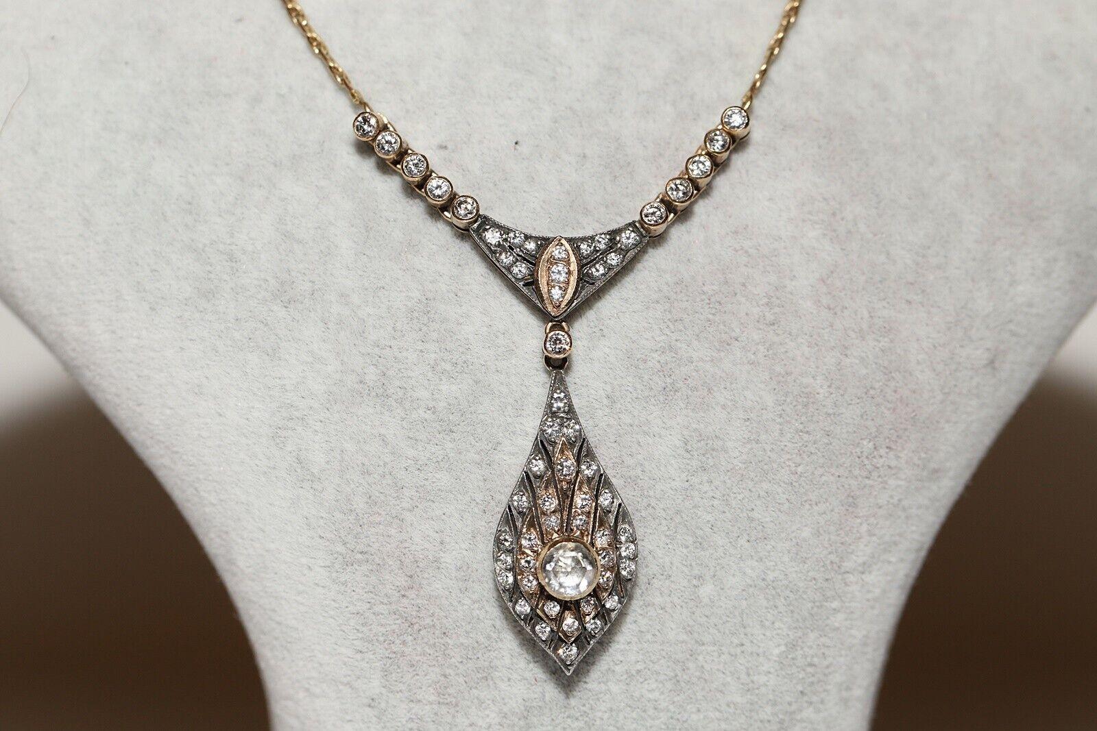 Vintage Circa 1980s 14k Gold Natural Diamond Decorated Drop Necklace For Sale 5