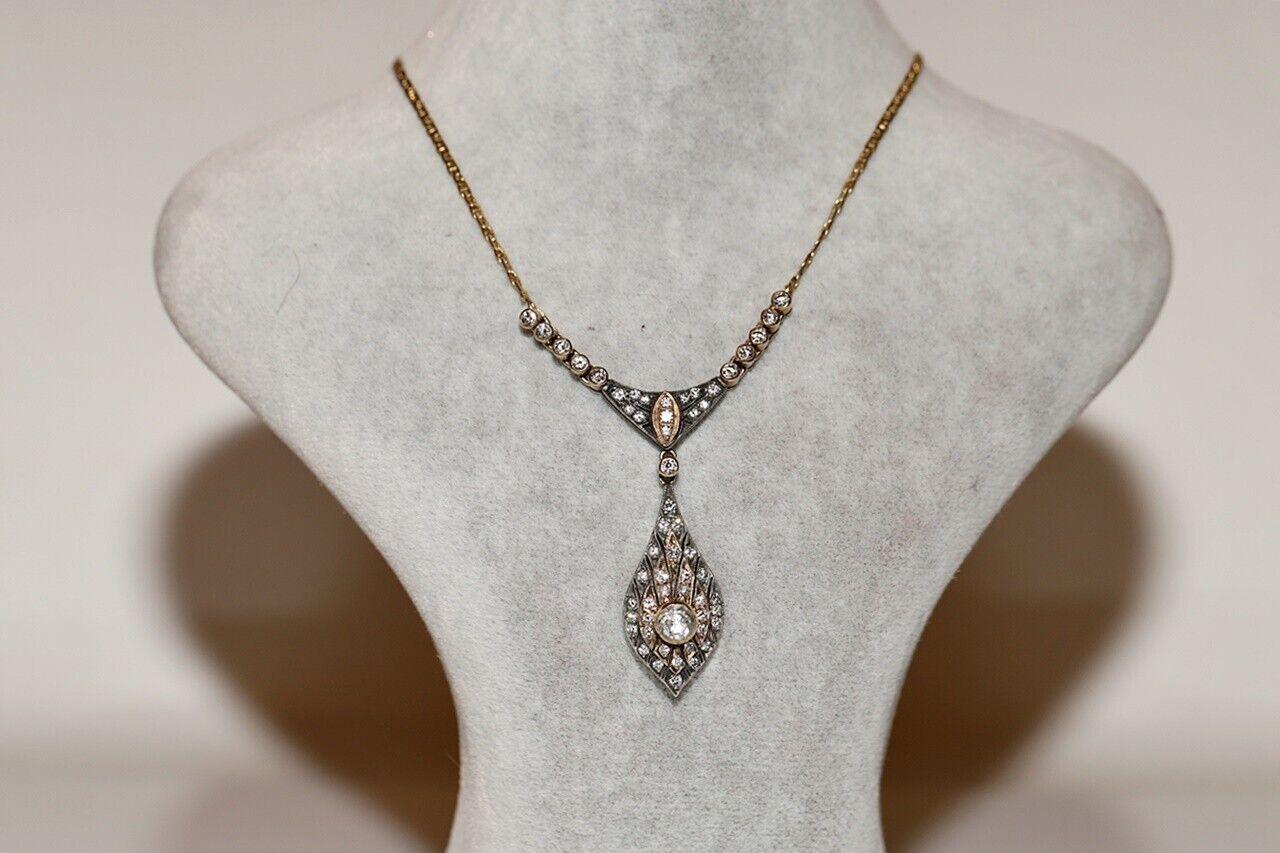 Vintage Circa 1980s 14k Gold Natural Diamond Decorated Drop Necklace For Sale 6
