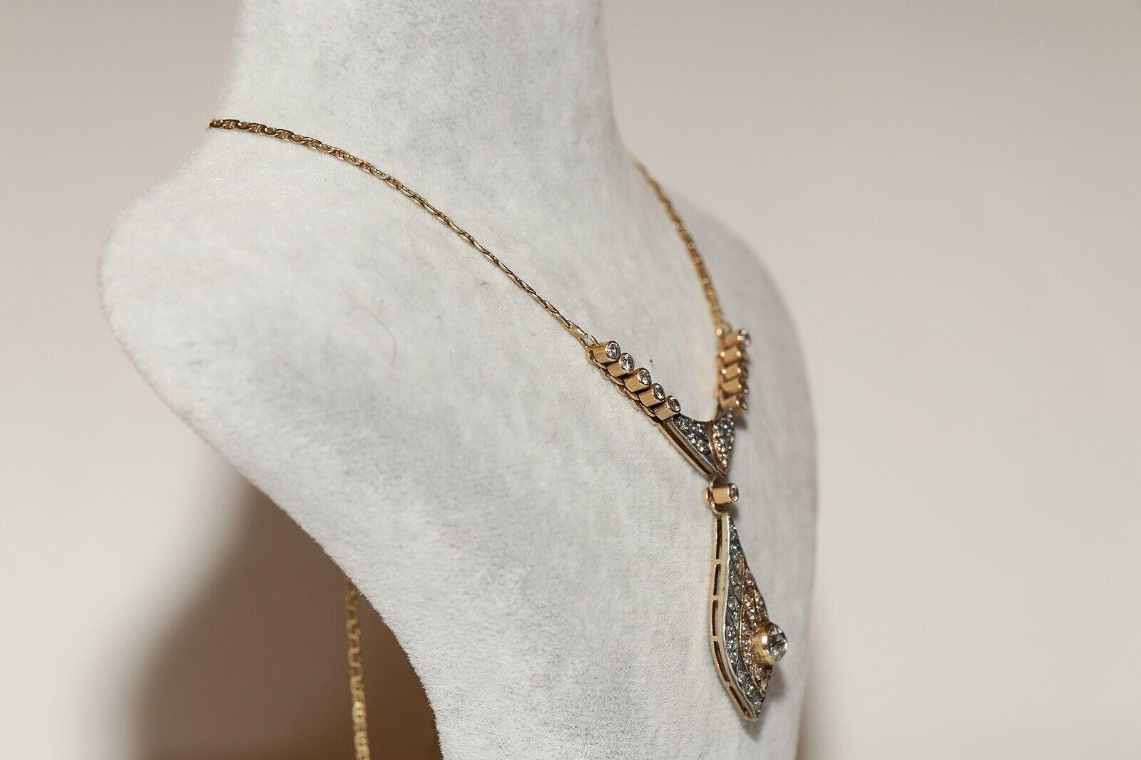 Vintage Circa 1980s 14k Gold Natural Diamond Decorated Drop Necklace For Sale 7