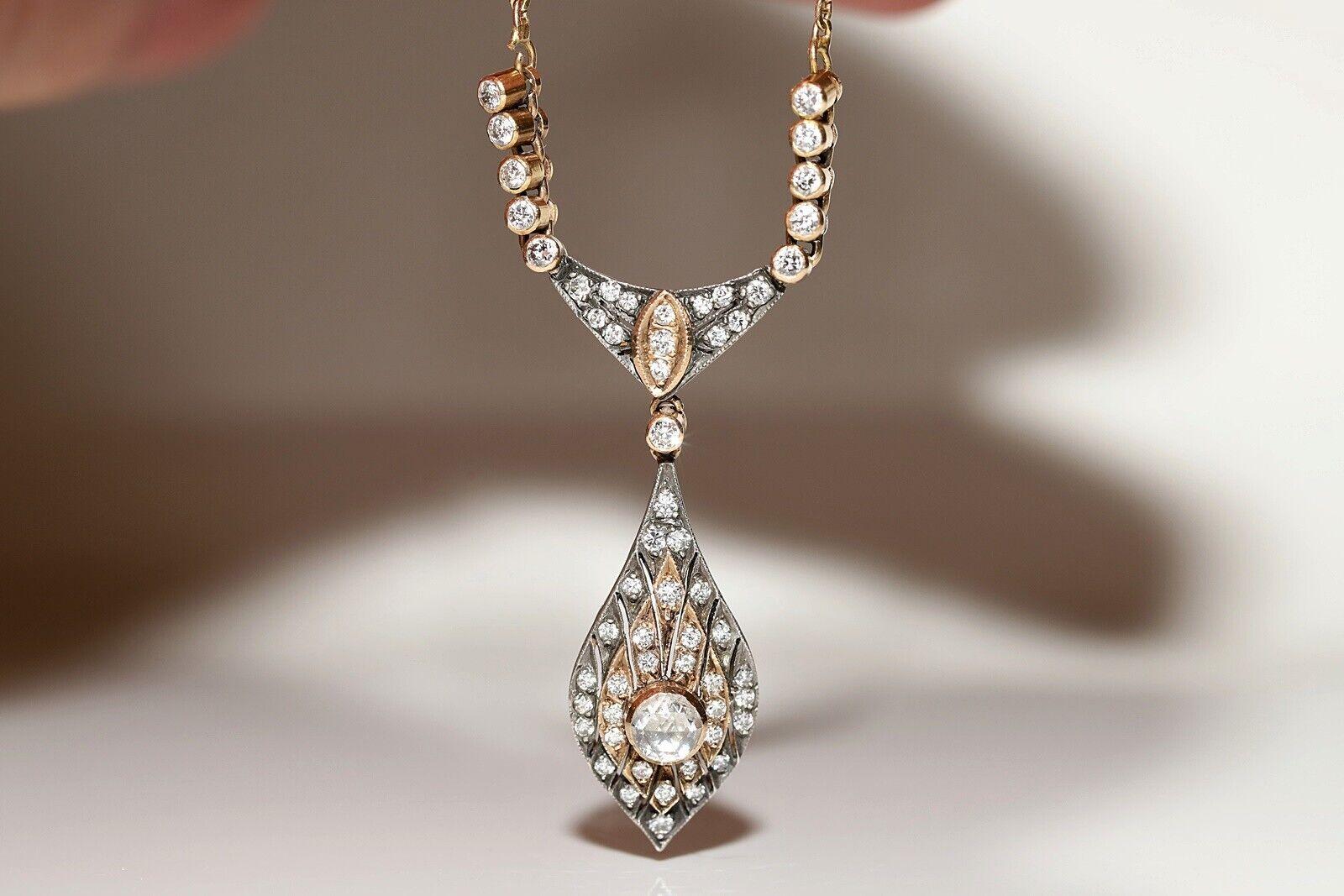 Retro Vintage Circa 1980s 14k Gold Natural Diamond Decorated Drop Necklace For Sale