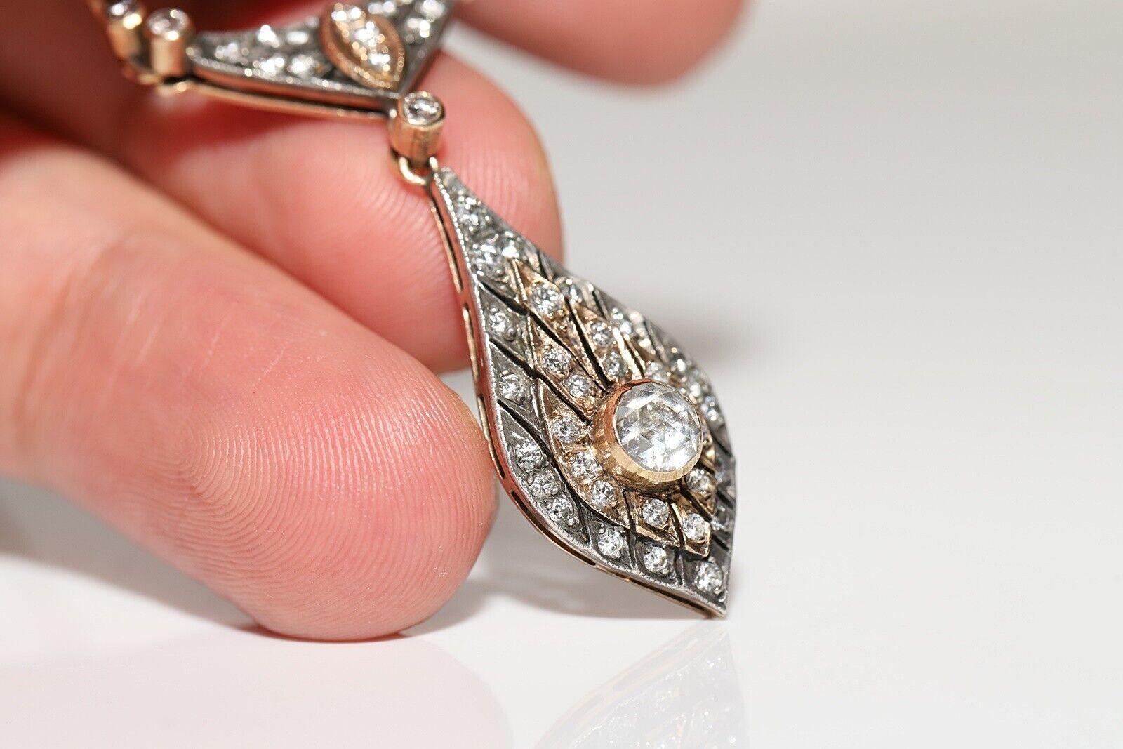 Vintage Circa 1980s 14k Gold Natural Diamond Decorated Drop Necklace In Good Condition For Sale In Fatih/İstanbul, 34