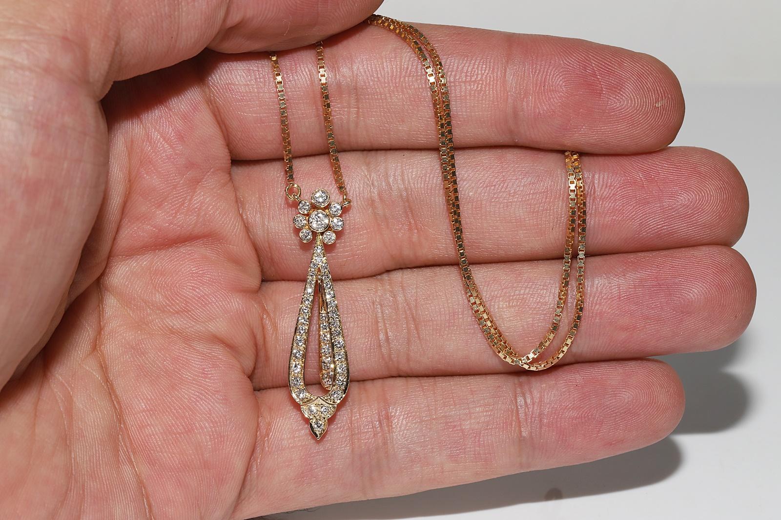 Vintage Circa 1980s 14k Gold Natural Diamond Decorated Drop Pendant Necklace For Sale 8
