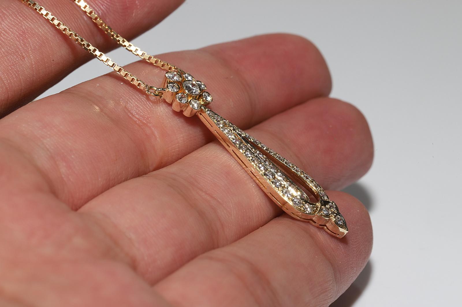 Vintage Circa 1980s 14k Gold Natural Diamond Decorated Drop Pendant Necklace For Sale 1
