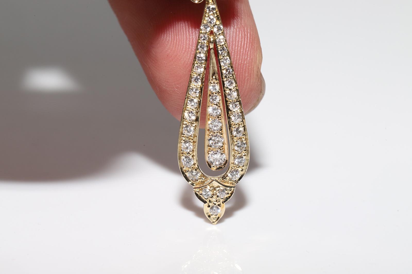 Vintage Circa 1980s 14k Gold Natural Diamond Decorated Drop Pendant Necklace For Sale 3