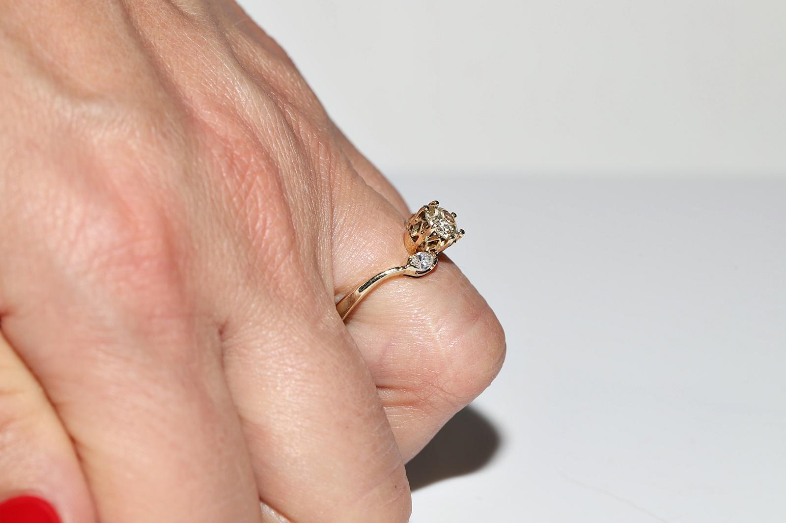 Old Mine Cut Vintage Circa 1980s 14k Gold Natural Diamond Decorated Engagement Ring For Sale