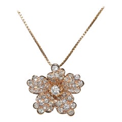 Collana con ciondolo con fiori decorati con diamanti naturali in oro 14k, vintage, anni 
80 circa
