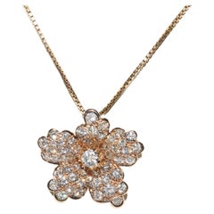 Vintage Circa 1980s 14k Gold Natural Diamond Decorated Flowers Pendant Necklace