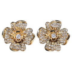 Vintage Circa 1980s 14k Gold Natural Diamond Decorated Flowers Style Earring