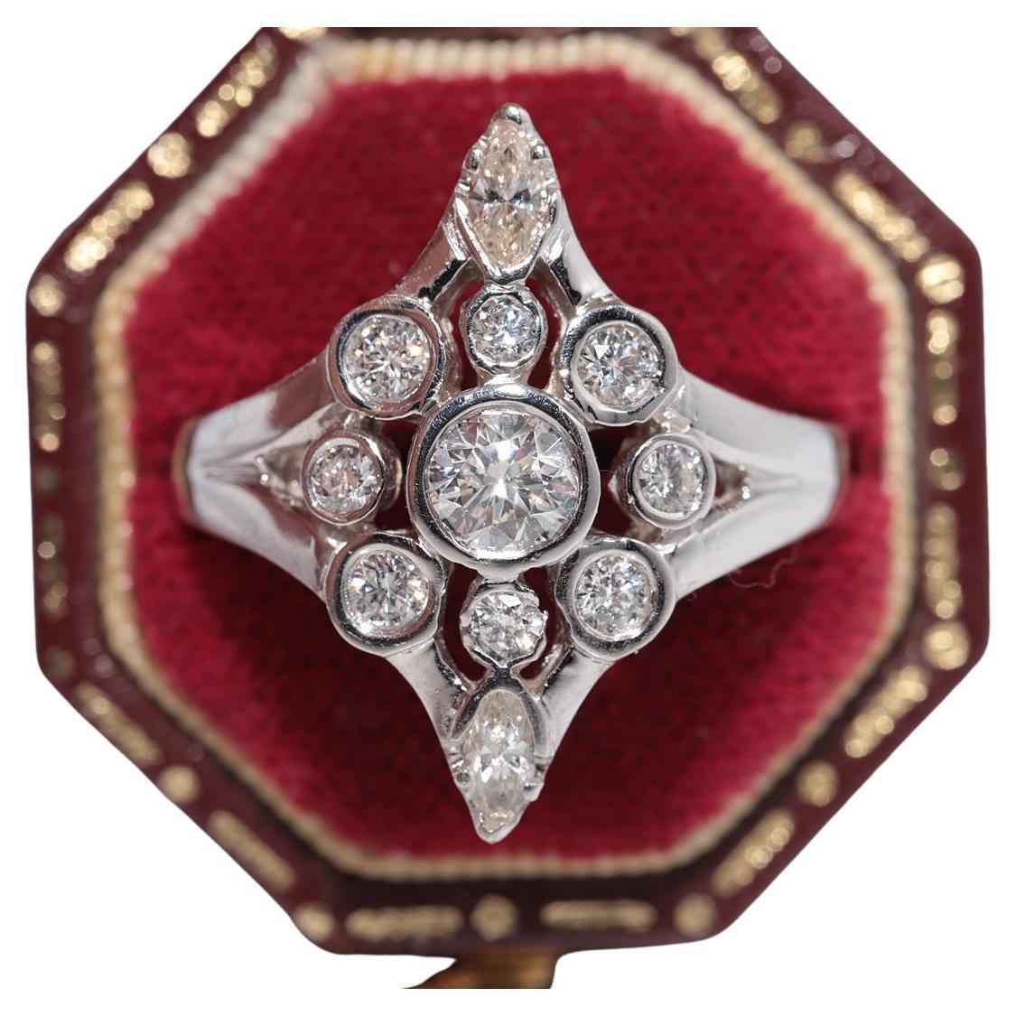 Vintage Circa 1980s 14k Gold Natural Diamond Decorated Navette Design Ring