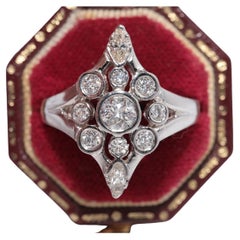 Vintage Circa 1980s 14k Gold Natural Diamond Decorated Navette Design Ring