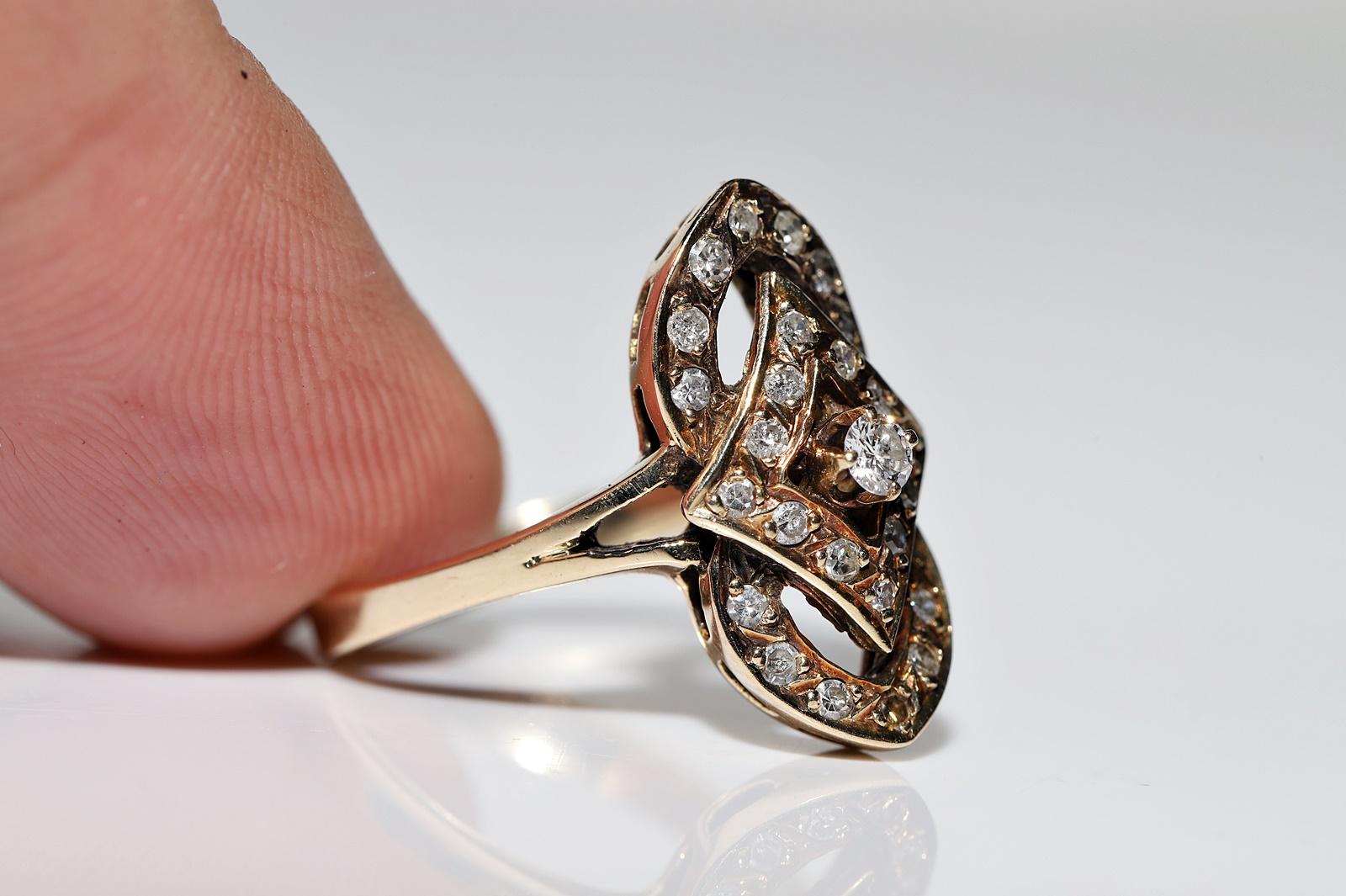 Vintage Circa 1980s 14k Gold Natural Diamond Decorated Navette Ring For Sale 1