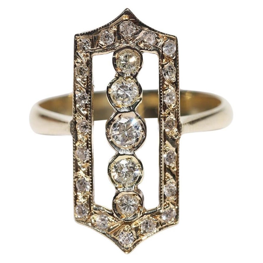 Vintage Circa 1980er Jahre 14k Gold Natürlicher Diamant Dekorierter Navette Ring