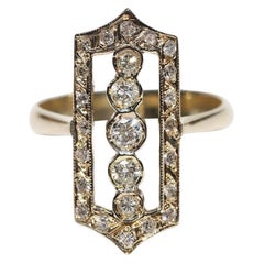 Vintage Circa 1980er Jahre 14k Gold Natürlicher Diamant Dekorierter Navette Ring