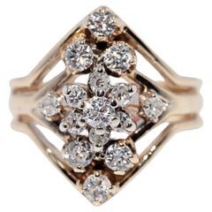 Vintage Circa 1980s 14k Gold  Natural Diamond Decorated Navette Ring