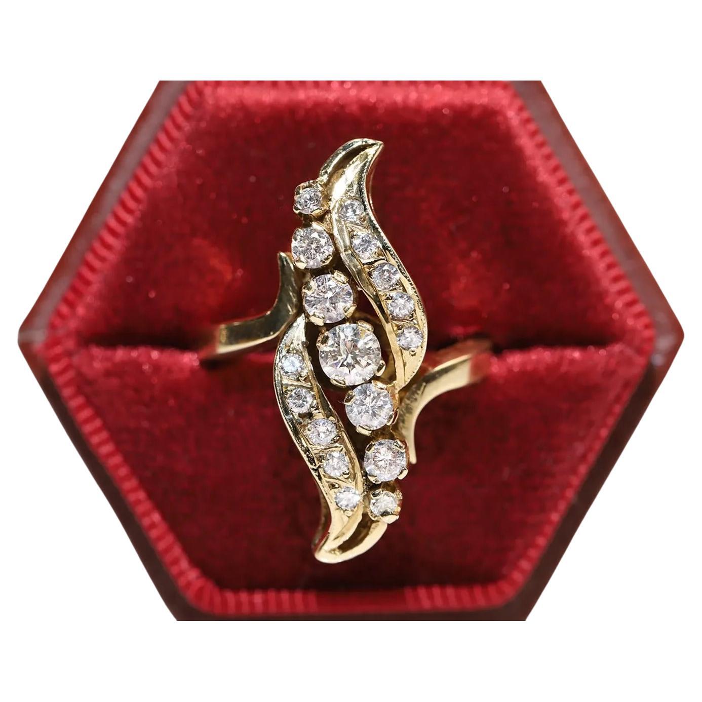 Bague navette vintage des années 1980 en or 14 carats décorée de diamants naturels
